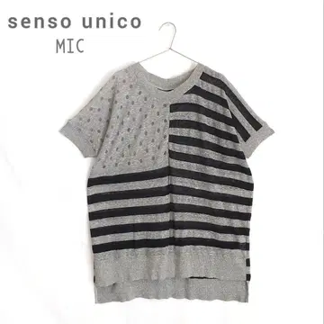 [센소유니코*MIC] 도트 x 보더 절개 MIX 니트 티셔츠 상의