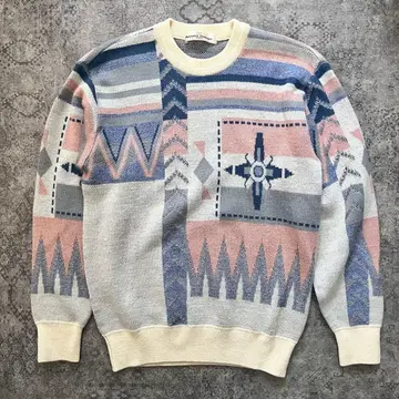 레트로 올 패턴 아트 디자인 니트 패턴 자수 크루넥 스웨터 일본제