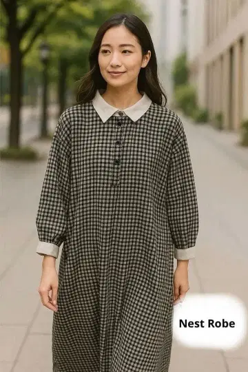 새상품급! nest Robe 체크 무늬 코튼, 울 혼방 긴팔 셔츠 원피스