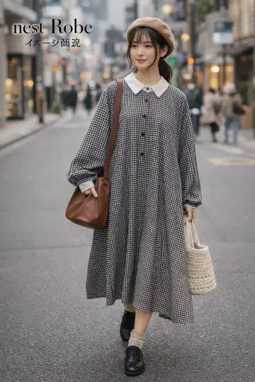 새상품급! nest Robe 체크 무늬 코튼, 울 혼방 긴팔 셔츠 원피스