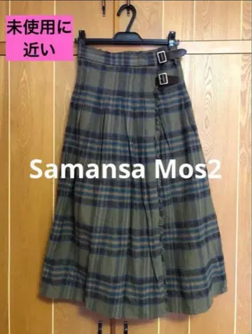 [미사용에 가까움] 면린넨 체크 퀼트 스커트 카키 사만사 모스모스
