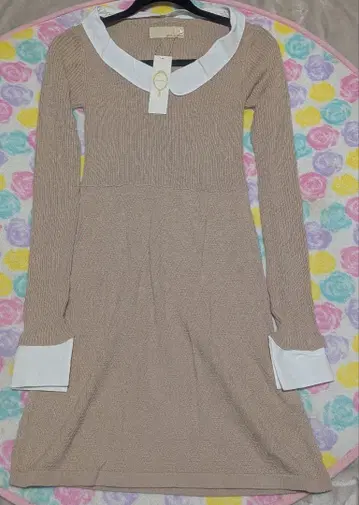 베이지 리브 원피스 긴팔