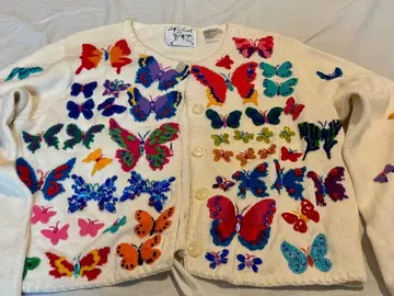 나비 니트 가디건 화이트 비즈 자수 화이트 컬러풀 구제 의류 itimi