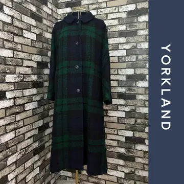 레어 YORKLAND 타탄 체크 롱 코트 울 100% 새상품급