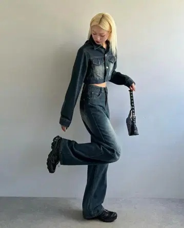 다크 블루 크롭 데님 자켓 세트