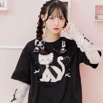 ROJITA 암 워머 포함 Ribbon Cat 티셔츠 블랙