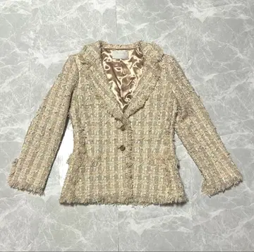 CELFORD 트위드 자켓 36 프린지 골드 버튼 핑크 베이지