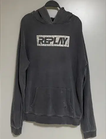 REPLAY 리플레이 로고 프린트 데미지 가공 후드티 그레이 L 사이즈