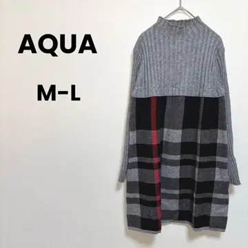 [ AQUA ] 니트 원피스 하이넥 ( M~L ) 리브 체크 무늬 절개