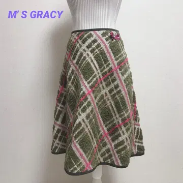 엠즈 그레이시 미디 스커트 플레어 체크 보아 리본