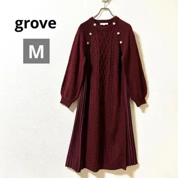 그로브 니트 원피스 롱 기장 사이드 플리츠 케이블 무늬 보르도 가을/겨울