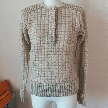 아니오나 베이지 체크 무늬 니트 스웨터 긴팔 모헤어 혼방