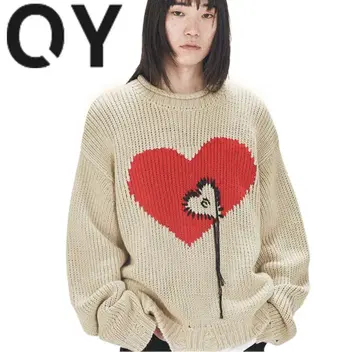 QY 하트 무늬 베이지 니트 스웨터