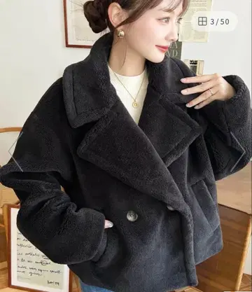 moment + 숏 기장 테디베어 보아 P코트 자켓 M 블랙