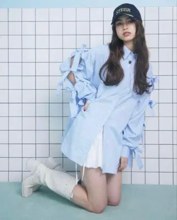 jouetie 리본 슬리브 BIG 셔츠 블루