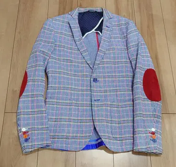 남성용 DA 체크 무늬 캐주얼 자켓 빨간색 팔꿈치 패치