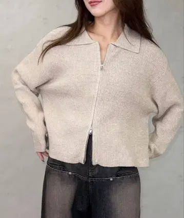 LIAN 더블 지퍼 폴로 니트 가디건 베이지