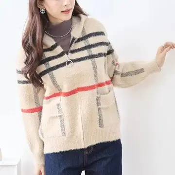 택 포함 새상품 TRUBE 체크 무늬 샤기 니트 후드티 M~L 베이지