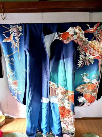 성인식 후리소데 파란색 꽃무늬 새 무늬 오비 오비아게 부속품 포함