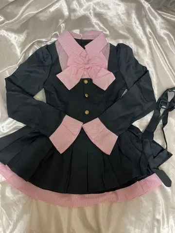 걸리시 셋업 원피스 리본 포함 양산형 지뢰계 핑크 x 블랙