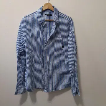 블루 화이트 스트라이프 긴팔 셔츠 블랙 장미 자수