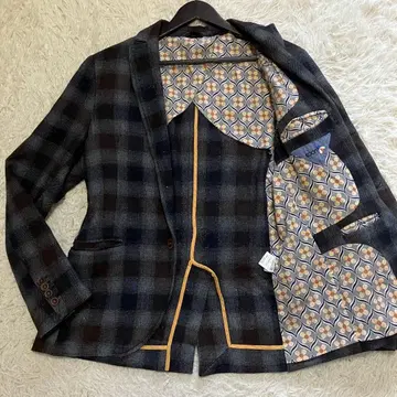 COON 테일러드 자켓 L 체크 꽃무늬 파이핑 장식 버튼