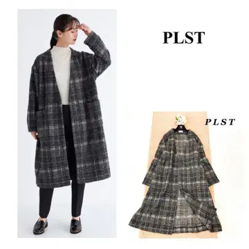 PLST 플라스테 롱 코트 노카라 L 체크 그레이 루즈핏
