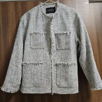 그린 라벨 릴랙싱 믹스 트위드 노카라 자켓 코발트 36