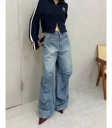 evris 니트 턱 와이드 데님 팬츠