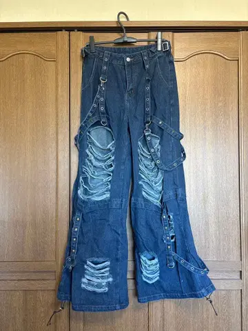 데미지 가공 와이드 레그 데님 팬츠