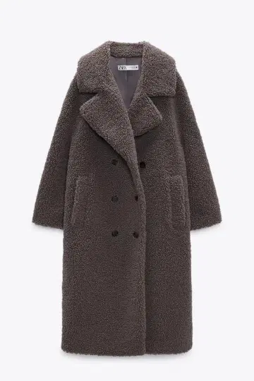 ZARA 테디 코트 보아 더블 브레스트 롱 코트 브라운
