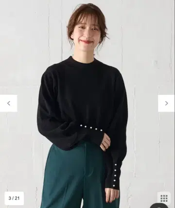 anyFAM [세탁기 사용 가능/흡습 발열] 퍼프 슬리브 펄 니트 블랙