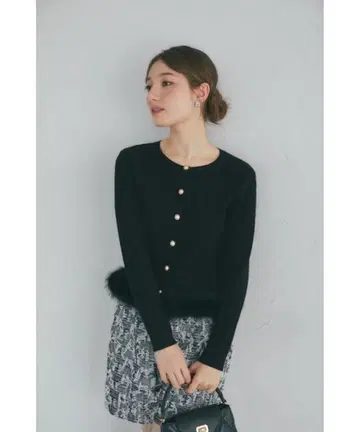 tocco closet 펄 단추 밑단 퍼 케이블 니트 가디건