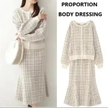 새상품급 프로포션 바디 드레싱 샤기 체크 니트 셋업