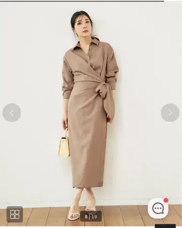 브라운 랩 드레스 긴팔 허리 리본 포함