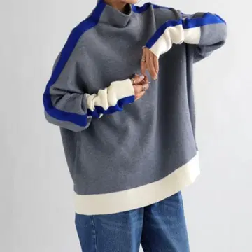 배색 니트 하이넥 사이드 라인 오버 사이즈 스웨터 상의 그레이