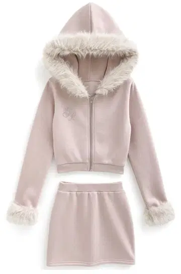 GRL 퍼 후드티 x 미니 스커트 맨투맨 셋업