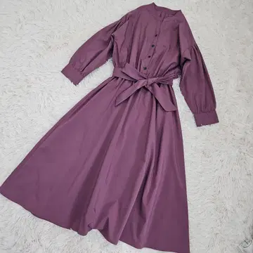 오파크 클립 퍼플 셔츠 원피스 긴팔 허리 리본