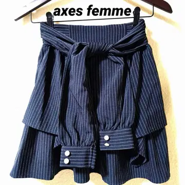 3660K 엑시즈팜 스트라이프 미니스커트 프릴 소매 장식 네이비