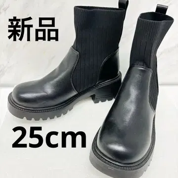 [ 미사용 새상품 ] 25cm 블랙 스트레치 리브 숏부츠 통굽