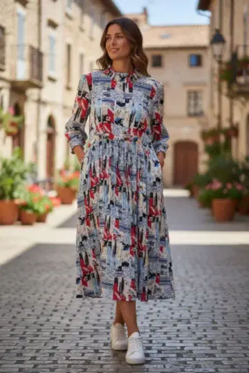 8부 소매 맥시 원피스 다색 프린트