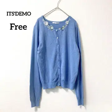 잇츠데모 긴팔 가디건 블루 크루넥 꽃무늬 자수 봄/가을 221