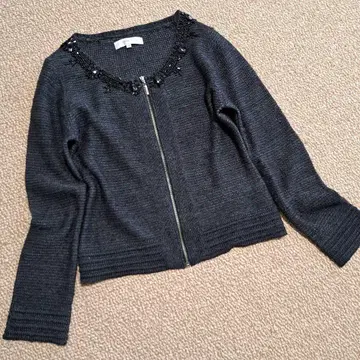 엠프리미어 니트 가디건 비쥬 집업 노카라 자켓