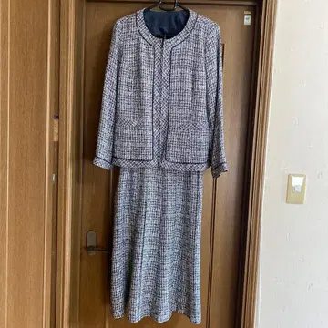 트위드 스커트 노카라 자켓 정장 세트