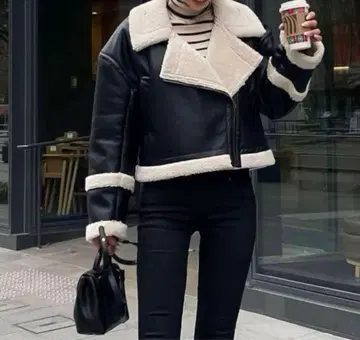 DIANTE 블랙 가죽 숏 무스탕 자켓