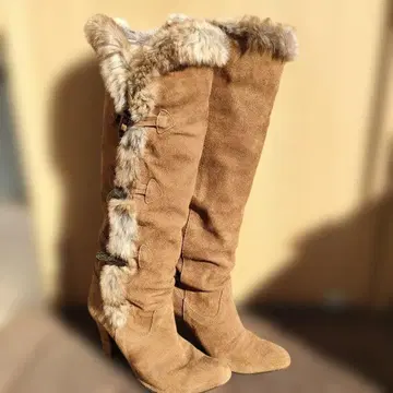 브라운 스웨이드 퍼 롱 부츠