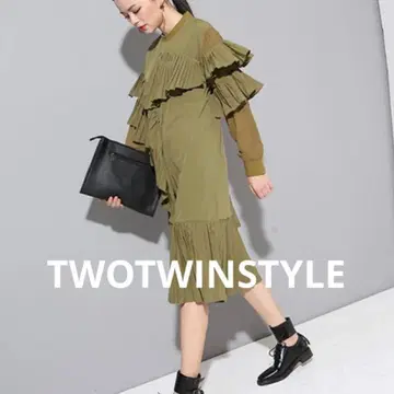 [ 새상품급 ] TWOTWINSTYLE 플리츠 프릴 디자인 원피스 카키