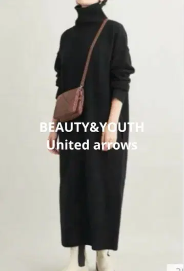 유나이티드 애로우즈 카멜 믹스 터틀넥 니트 원피스 블랙