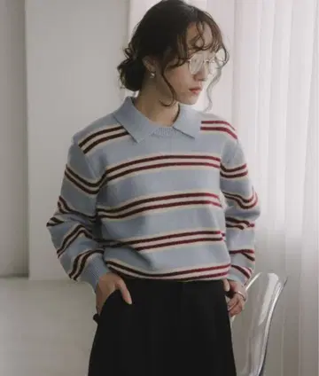 [ 새상품급 ] 210 nouve 폴로 옷깃 라무 터치 보더 니트