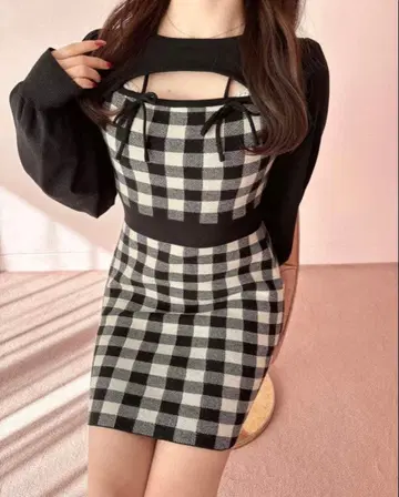 evelyn 리본 체크 원피스 블랙 양산형